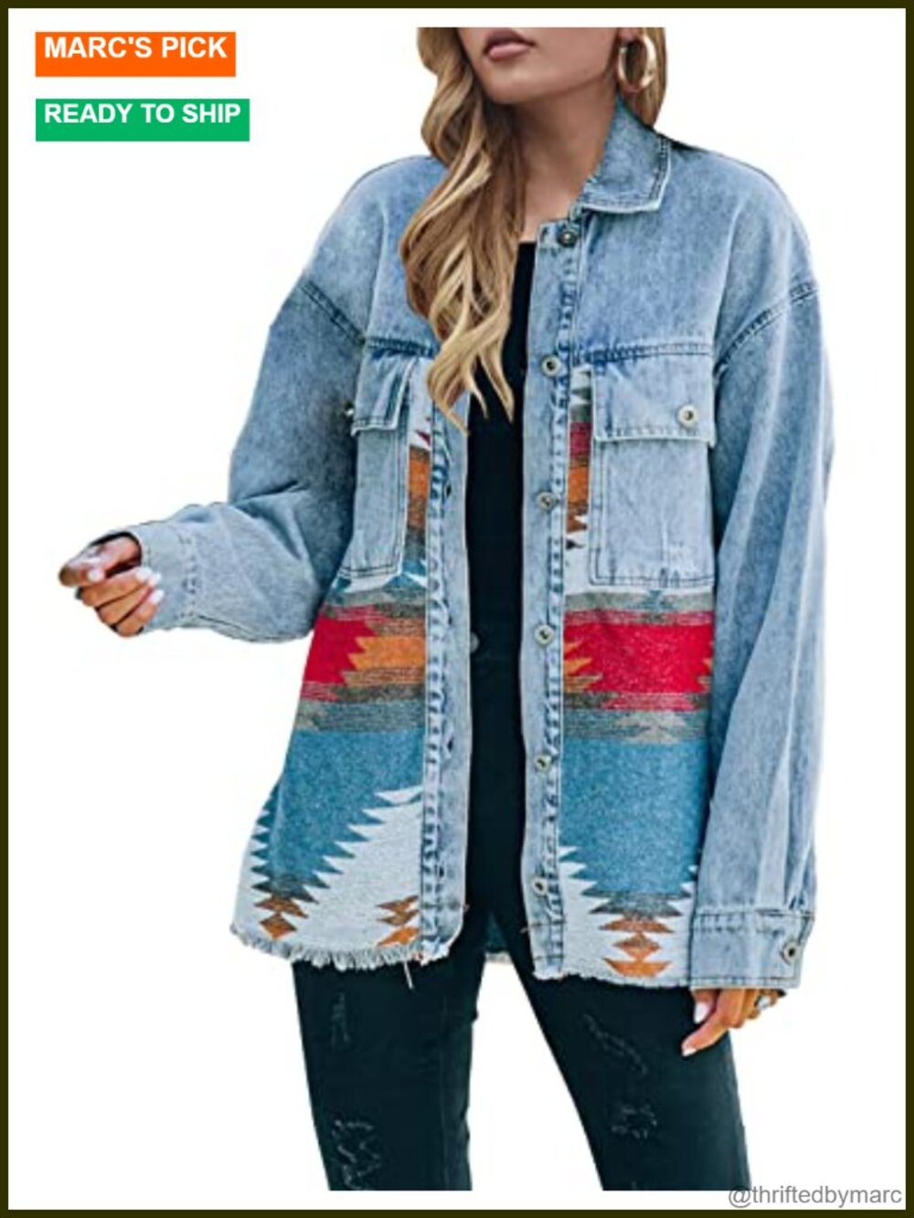 Oversized Aztec Print Denim Jacket Long Sleeve Button Down